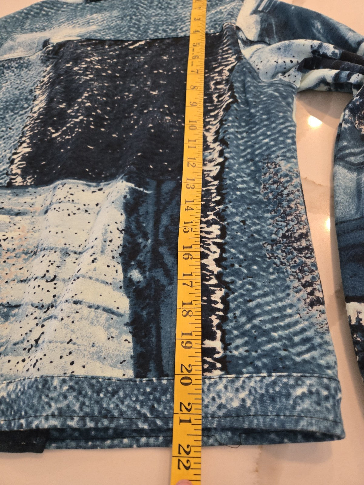 Orientique US 5 Denim Trucker Jacket Womens Abstract Art Landscape Print Blue