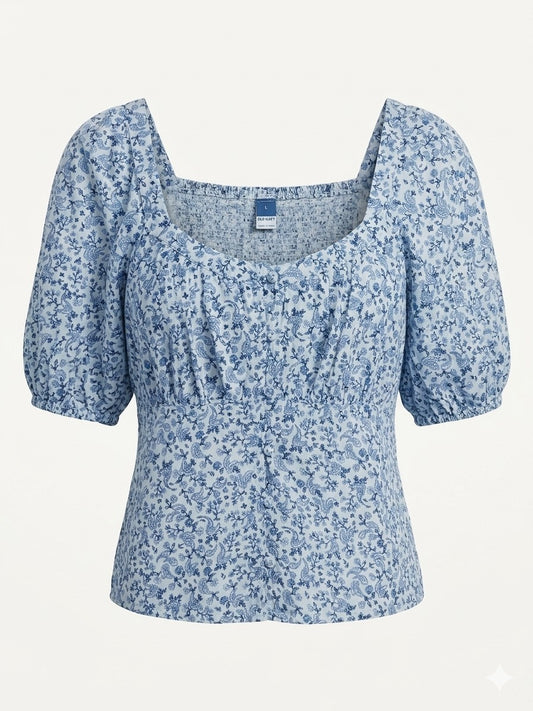 Old Navy Y2K Smock Milkmaid Vintage L Blue Paisley Puff Sleeve Cottagecore Top