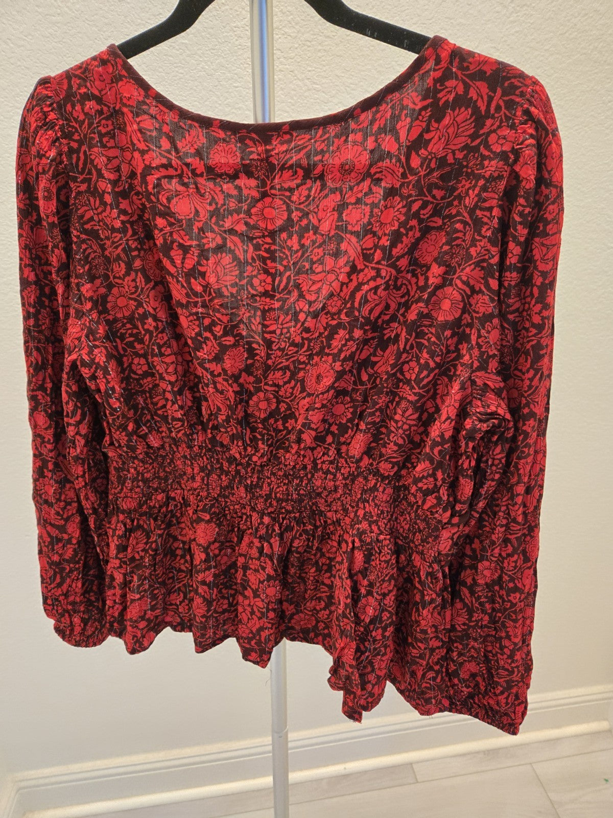 Knox Rose XL Floral Faux Wrap Blouse Womens Red Black Metallic Lurex Peplum Top