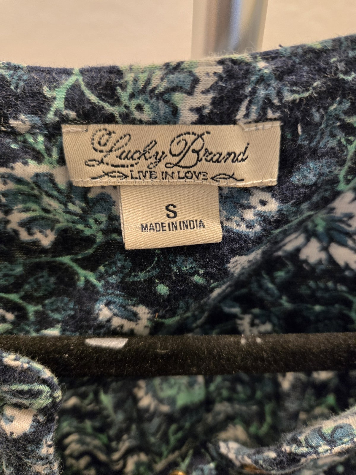 Lucky Brand Small Floral Paisley Henley 3/4 Sleeve Women Blue Cotton Knit Top
