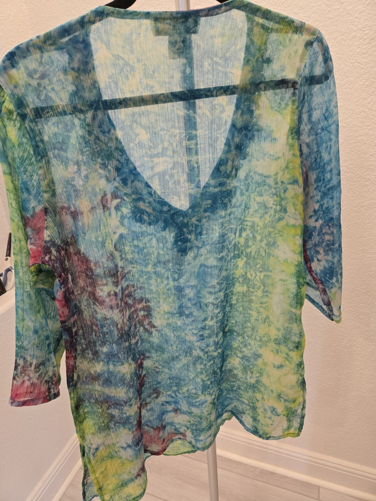 Jessica Taylor Sequins & Bead Blue Turquoise M Sheer V-Neck Tunic Blouse Womens