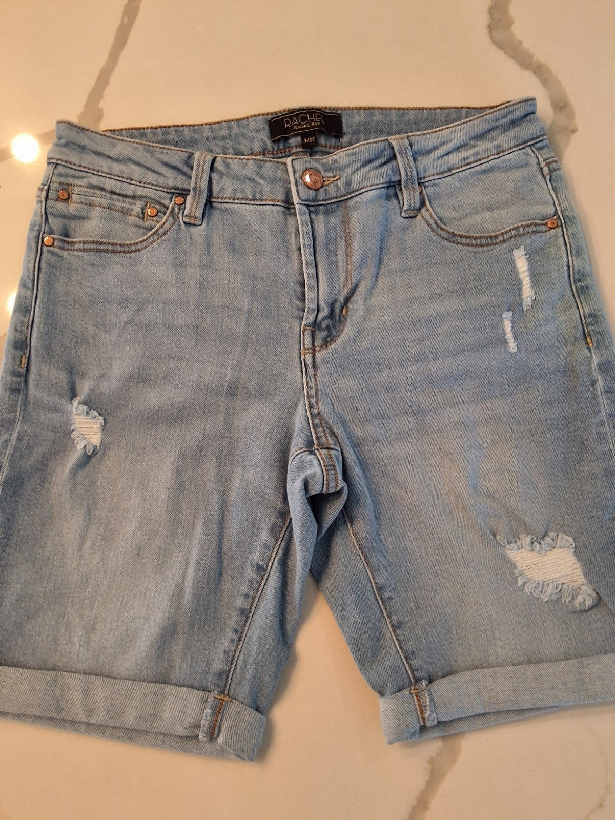 Rachel Roy Women's Distressed Light Wash Denim Bermuda Shorts Size 4/27