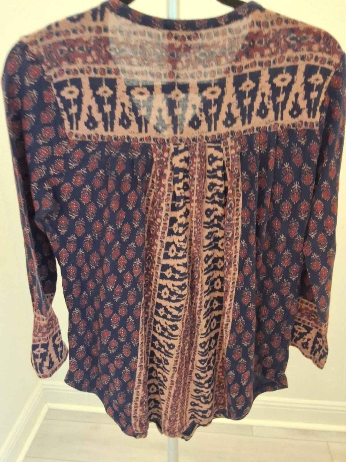 Lucky Brand Blue Boho Red Beige Print Long Sleeve Top Size S Womens