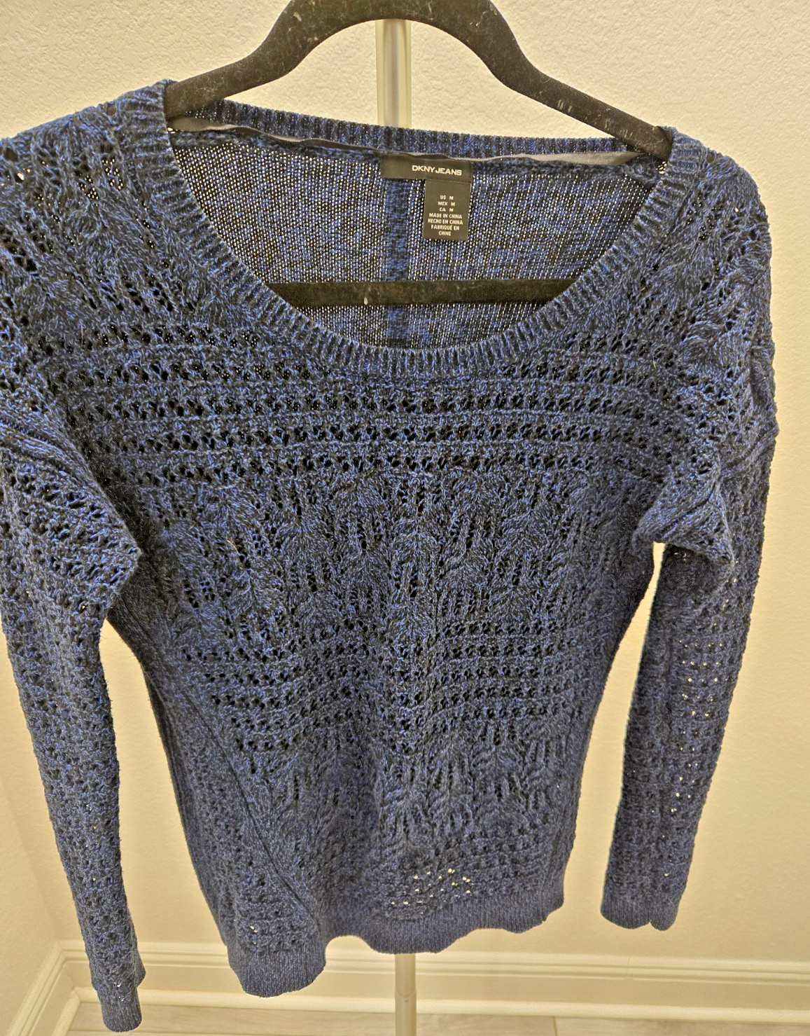 DKNY Jeans Pullover Sweater Crochet Vintage Y2K M Navy Open Knit  L/S