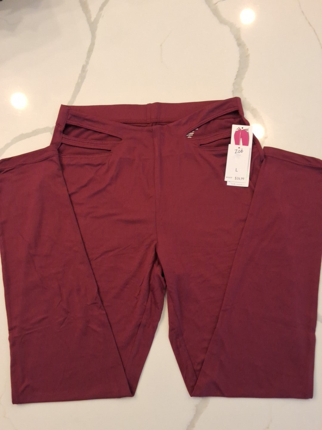 Zoe + Phoebe Burgundy L Ankle Open Front Design Below Waist Leggings $24.99 NWT