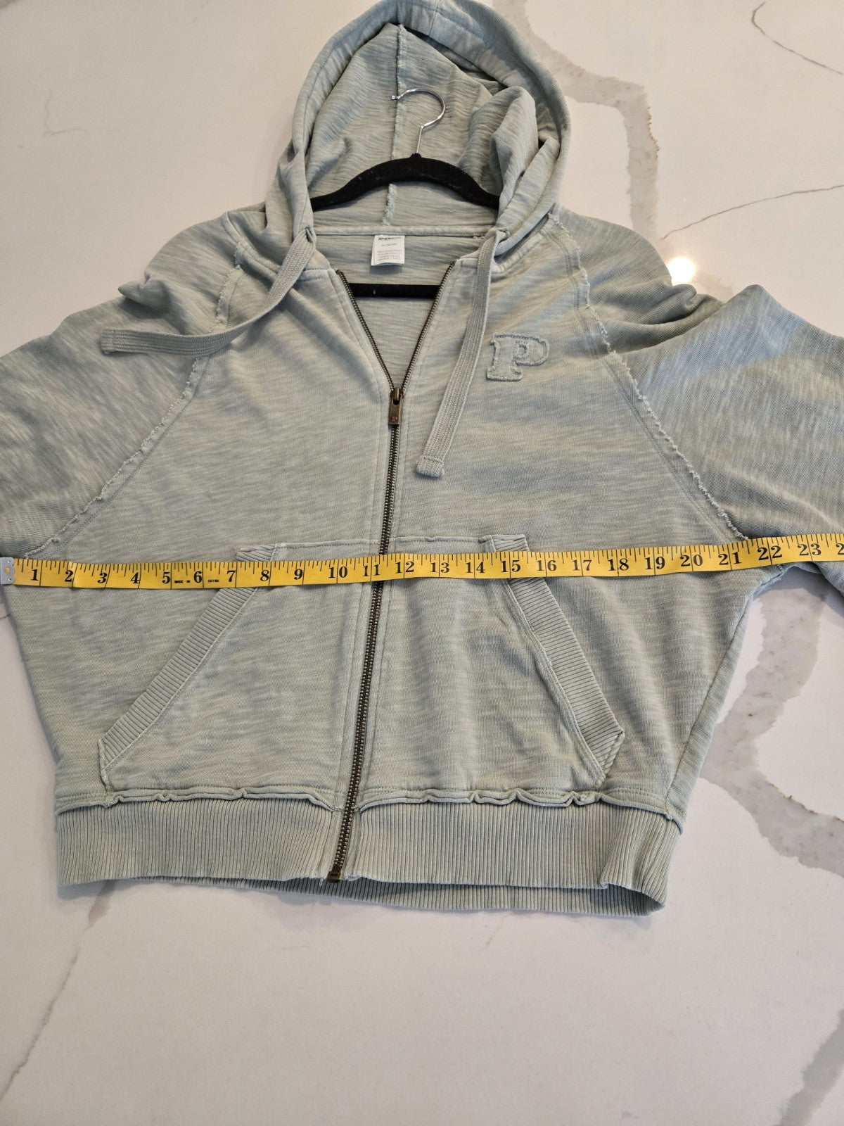 PINK Victoria Secret M Sage Green Distressed Zip Up Hoodie Raw Seam Y2K