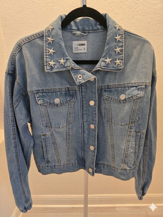 Ci Sono Denim Star Studded Jacket L Womens Blue Cropped Asymmetric Zip Trucker