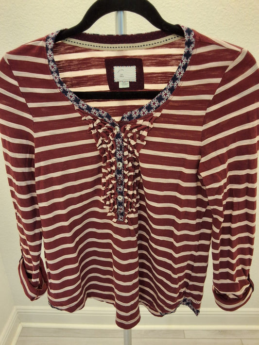 Anthropologie Cottagecore Striped Ruffle Placket Top Coastal Roll Tab Size S