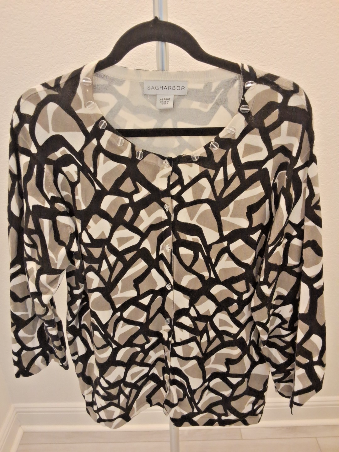 Sag Harbor Beaded XL Black Tan Long Sleeve Womens Button Down Cardigan