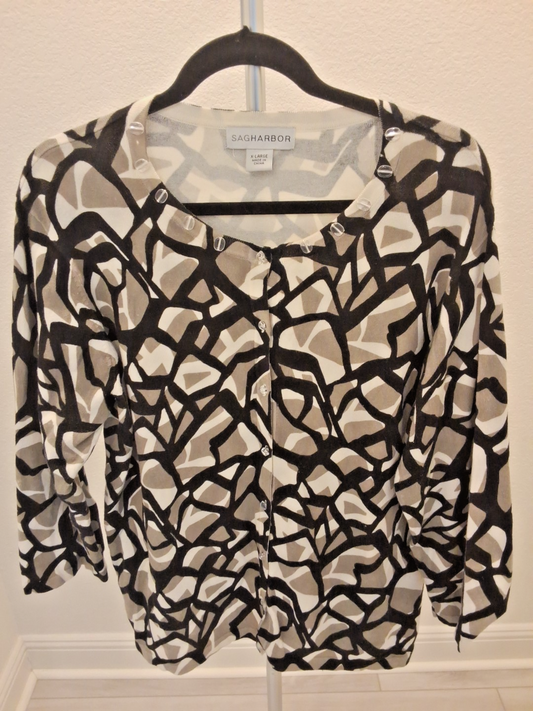 Sag Harbor Beaded XL Black Tan Long Sleeve Womens Button Down Cardigan