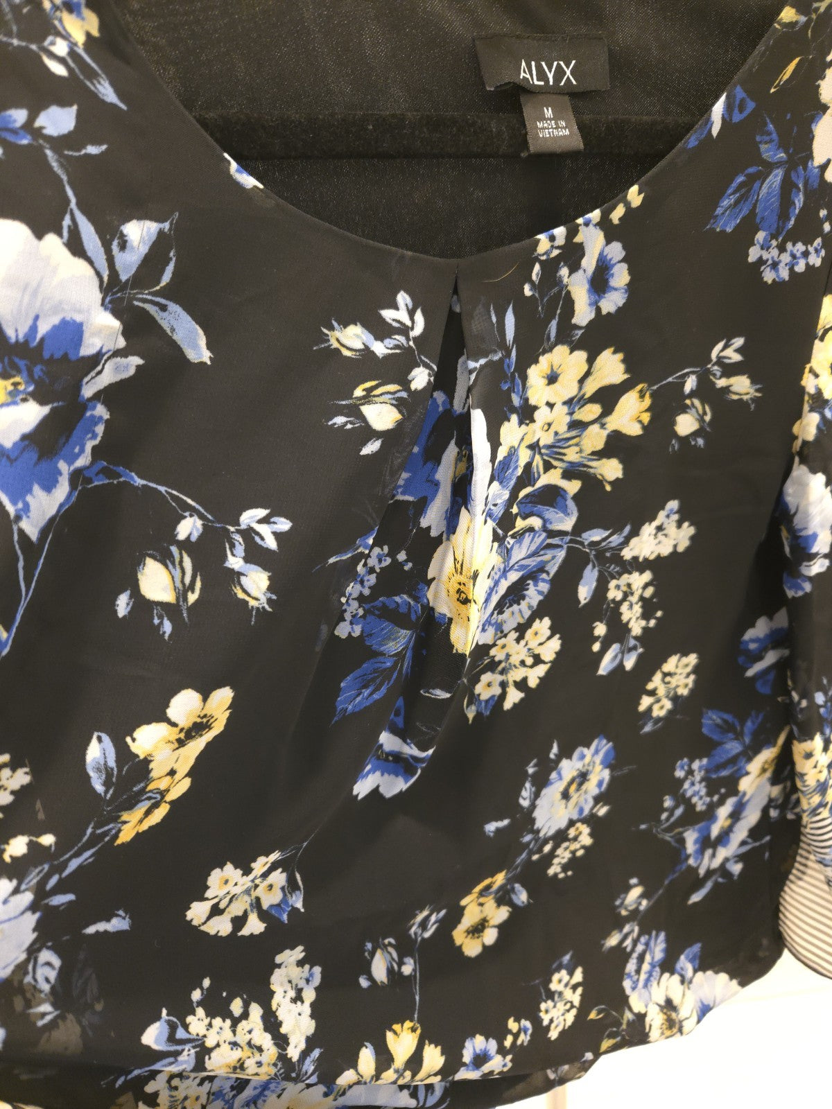 ALYX M Black Floral Print Sheer Blouse Striped 3/4 Sleeves Chiffon Boho Top