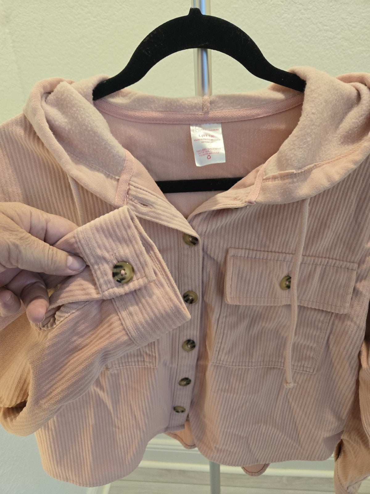 No Boundaries Women's Juniors L Pink Corduroy Hooded Cropped Jacket Y2K Shacket