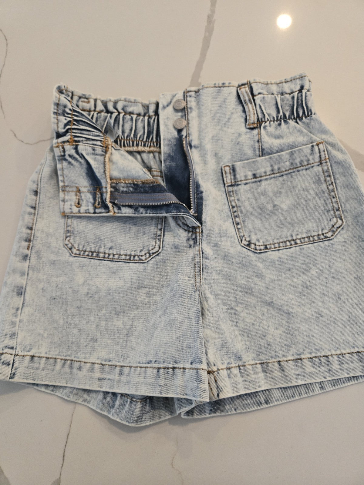 SO High Waisted Paperbag Size 5 Small Denim Shorts Acid Wash Blue Pocket $38