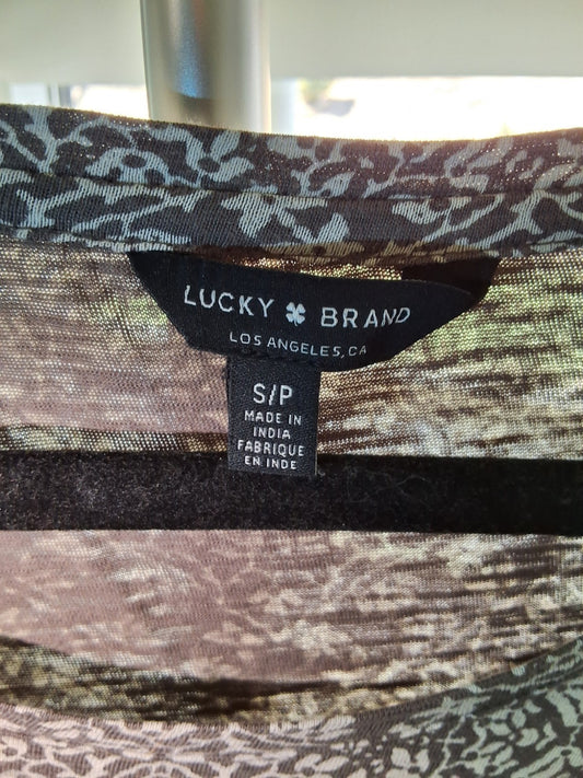 Lucky Brand Womens S/P Green White Print Long Sleeve Boho Top Paisley Top