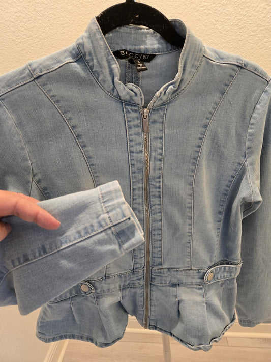 Baccini Denim Jacket S Womens Light Zip Up Peplum Pleated Jean Blazer Small