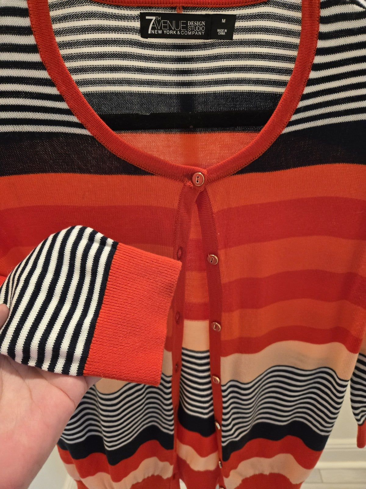 7th Avenue NYC Women’s Medium Striped Cardigan Sweater Button Front Corral Black