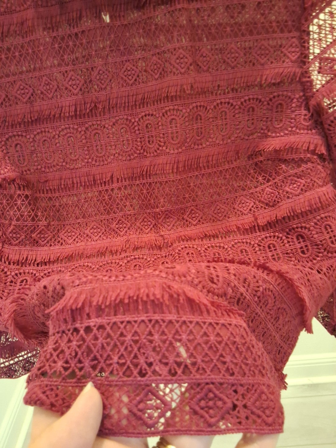 INA Sheer Lace Victorian Ruffle Mock Neck Blouse Top  XS Women Maroon