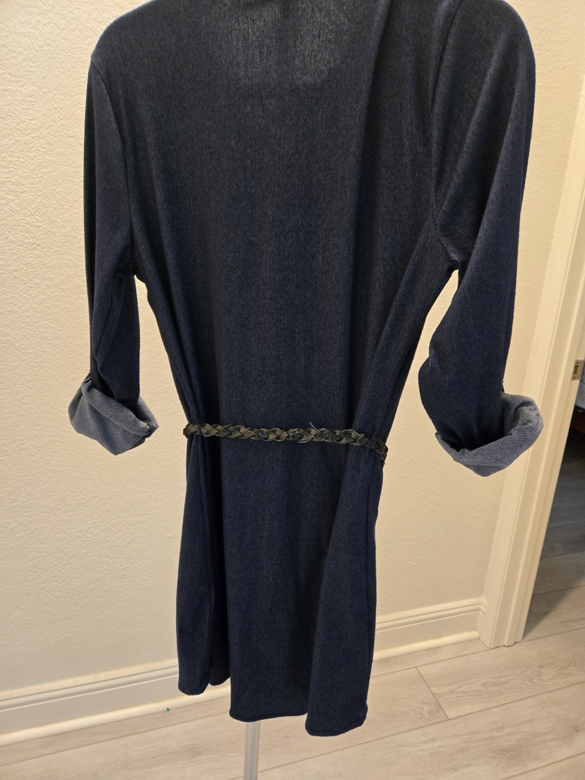 Stella Tweed Denim Shirt Dress M Womens Dark Wash Roll Tab Sleeve Belted Button