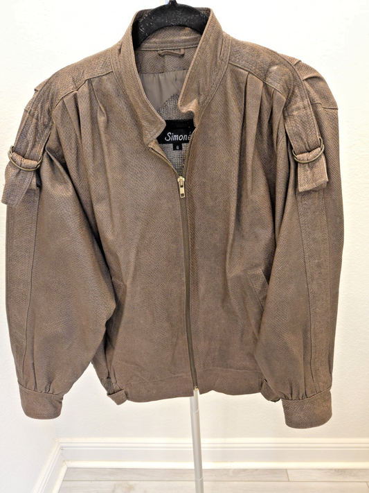 Simoné 6 Small Vintage Snake / Reptile Leather Zip-Up Pockets Lined Brown Jacket