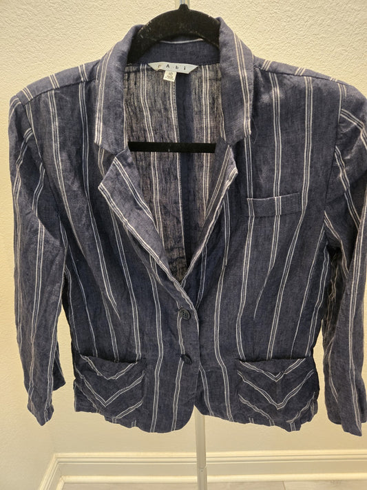 Cabi Size 10 Navy Blue White Pinstripe Linen Blazer Chevron Pocket Jacket