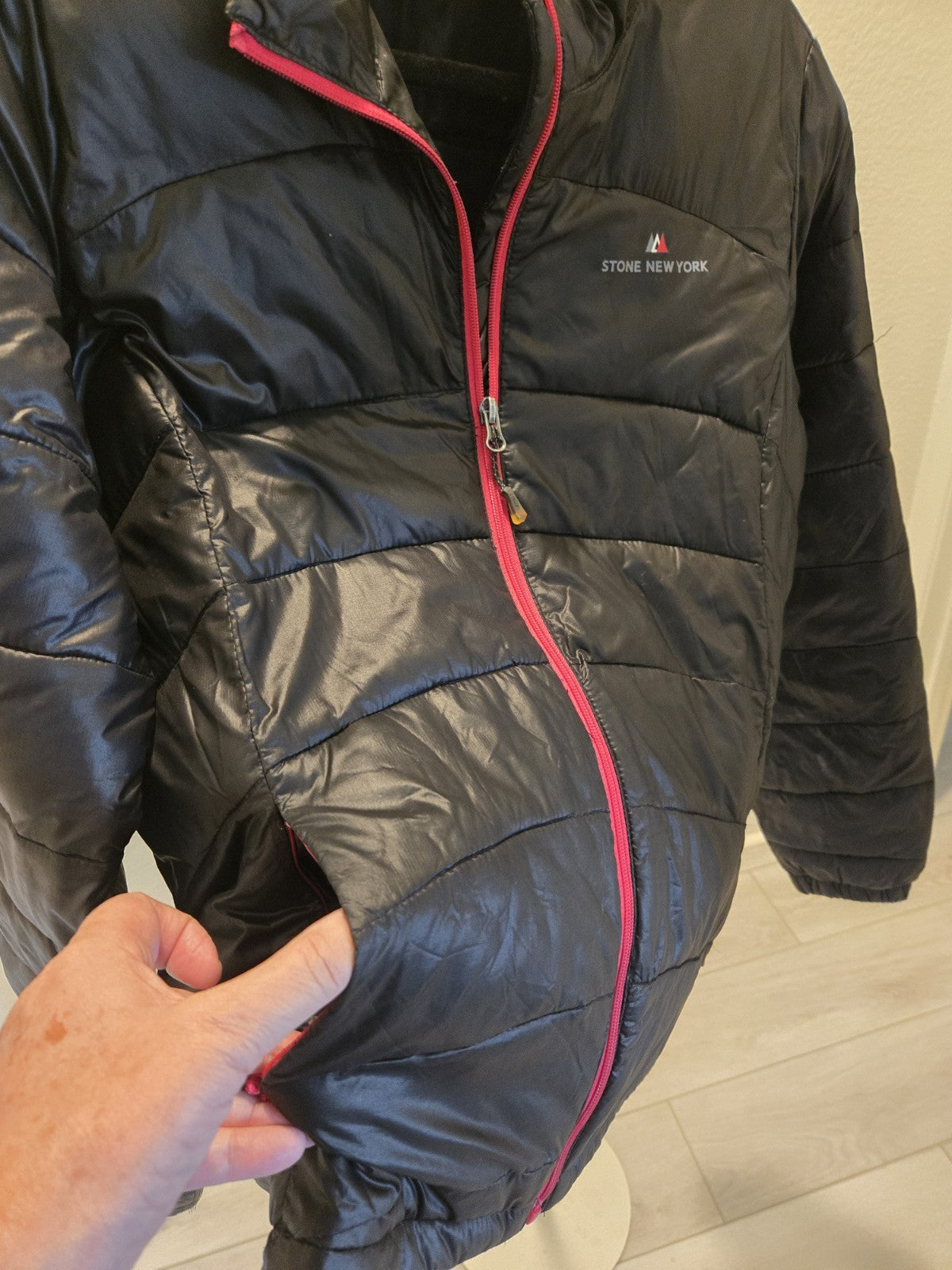 Stone New York M Puffer Jacket Womens Black Pink Trim Full Zip Lightweight Coat