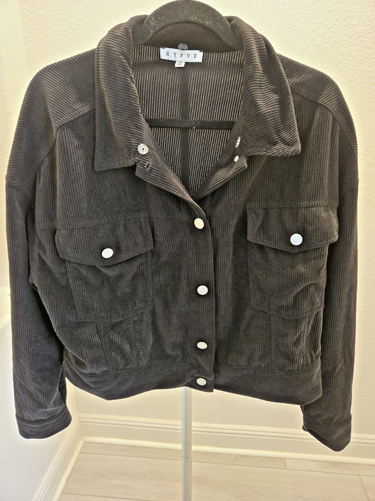 Hyfve Corduroy Jacket M Women Black Cropped Button Front Pocket Utility Shacket