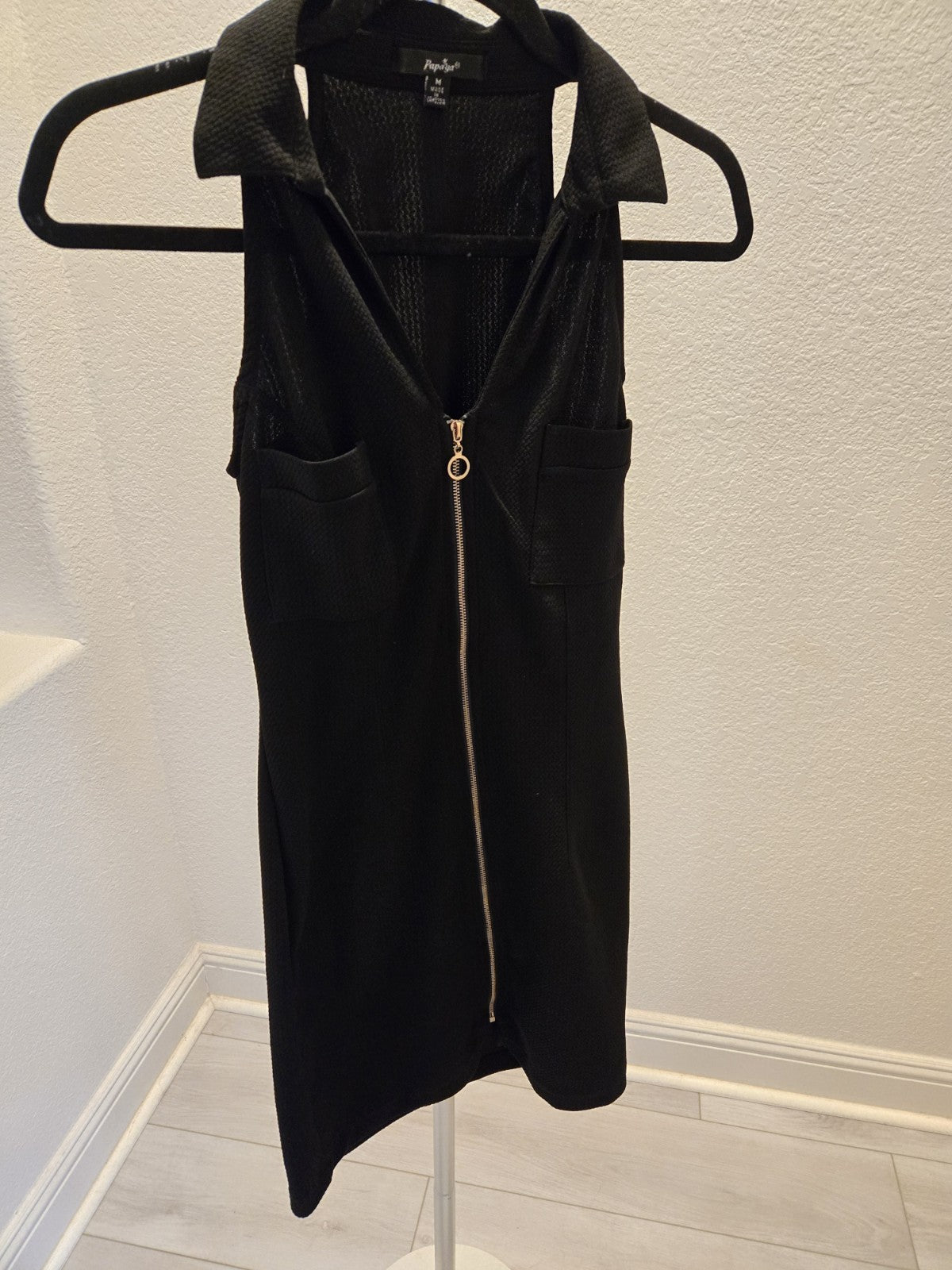 Papaya M Mini Dress Womens Blk Full Zip Sleeveless Collared Bodycon Shift Short