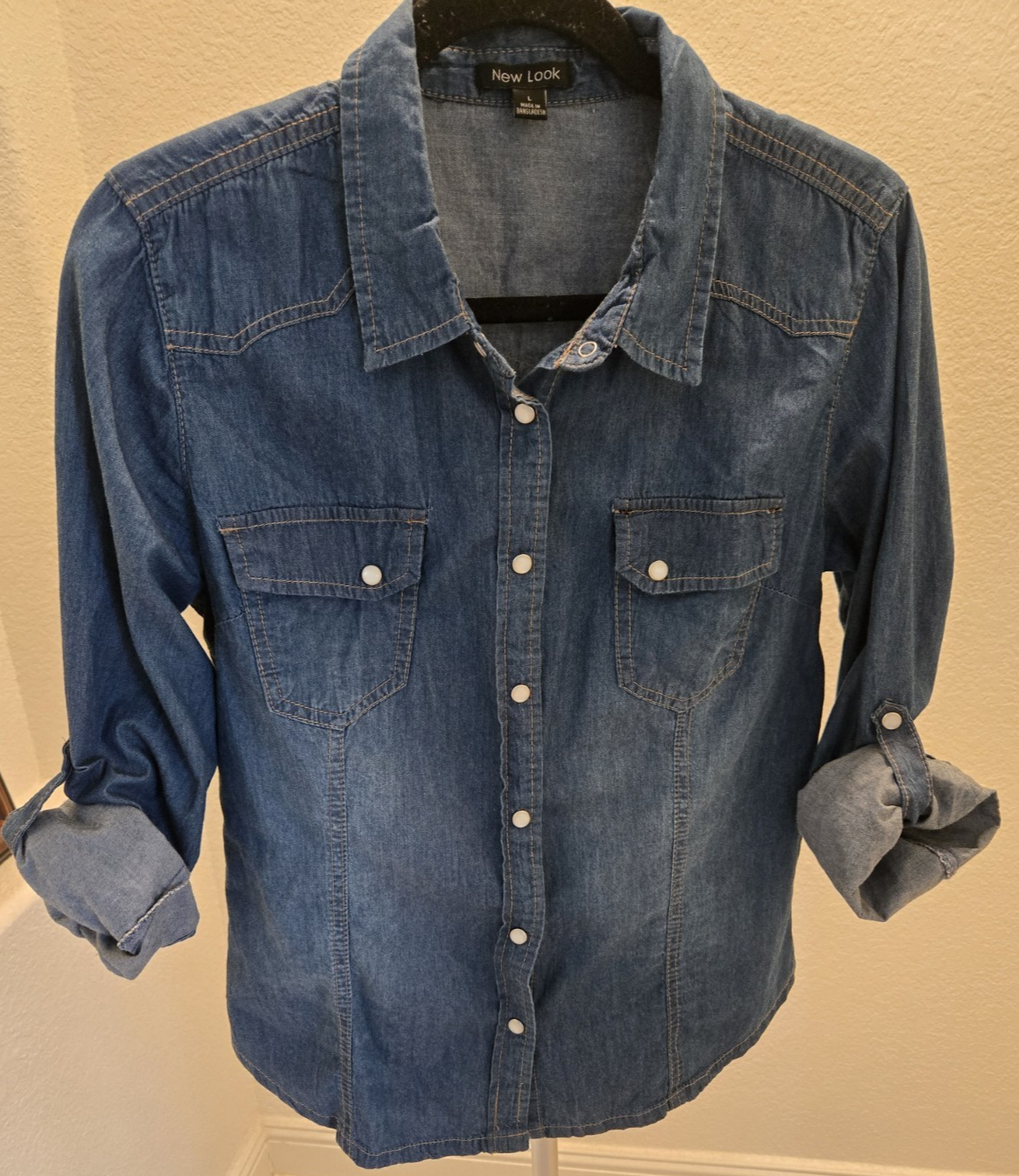 New Look Jean Shirt Large Womens Blue Pearl Snap Western Cowboy Button Down L