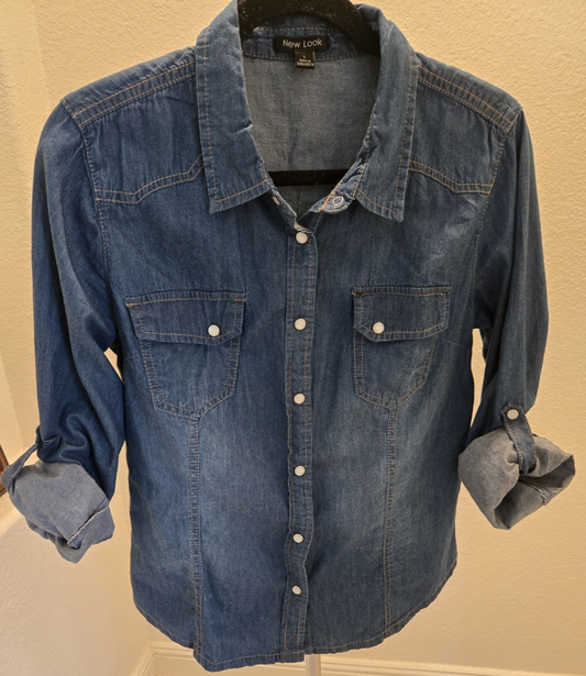 New Look Jean Shirt Large Womens Blue Pearl Snap Western Cowboy Button Down L