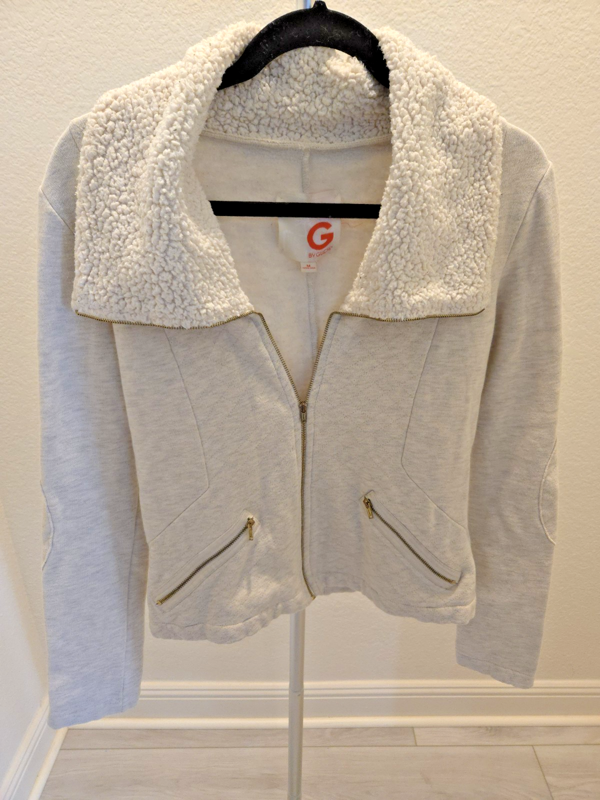 GUESS Women's M Gray Sherpa Shawl Collar Moto Biker Knit Jacket Cozy Soft