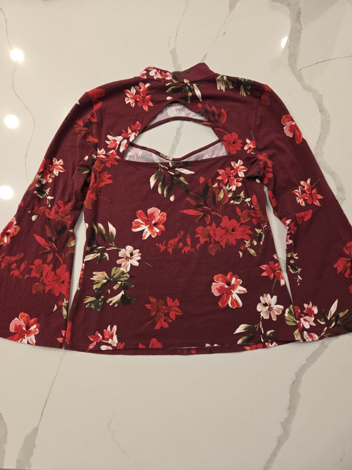 GUESS Los Angeles Large Floral Lilou Cutout Bell Sleeve Top Burgundy Mock Neck