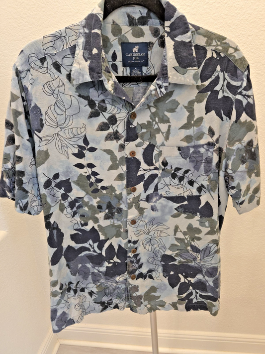 Caribbean Joe Men's 100% Silk Floral Blue Short Sleeve Hawaiian Aloha Shirt M