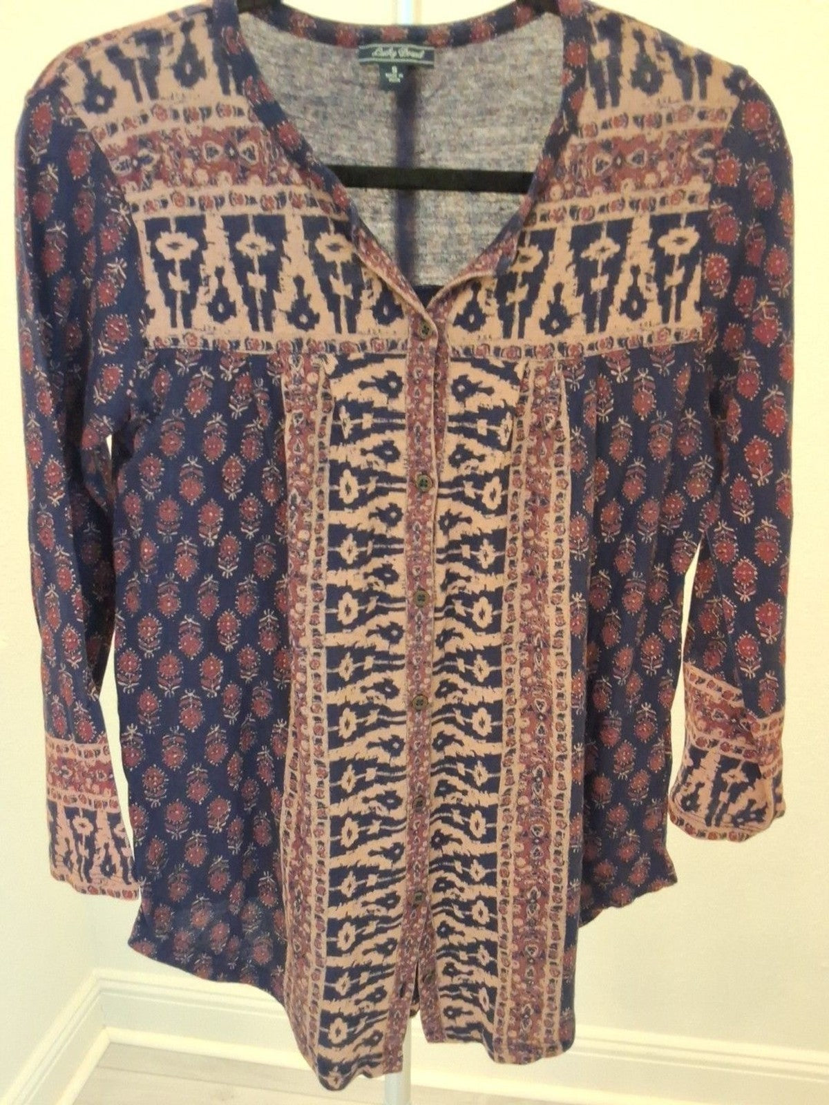 Lucky Brand Blue Boho Red Beige Print Long Sleeve Top Size S Womens