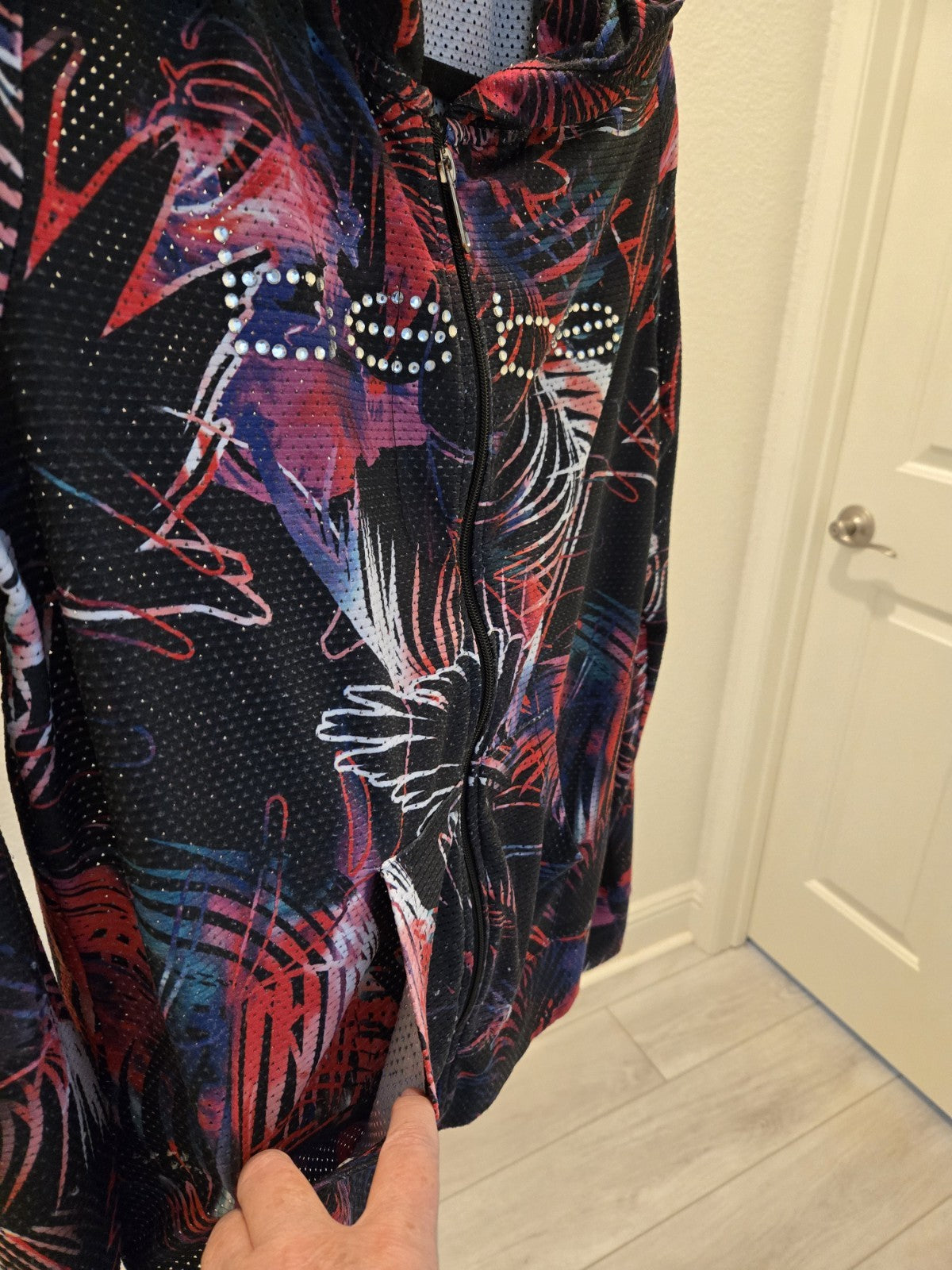 Bebe Sport Rhinestone Logo Mesh Zip Up Hoodie Y2K McBling Tropical Women's L