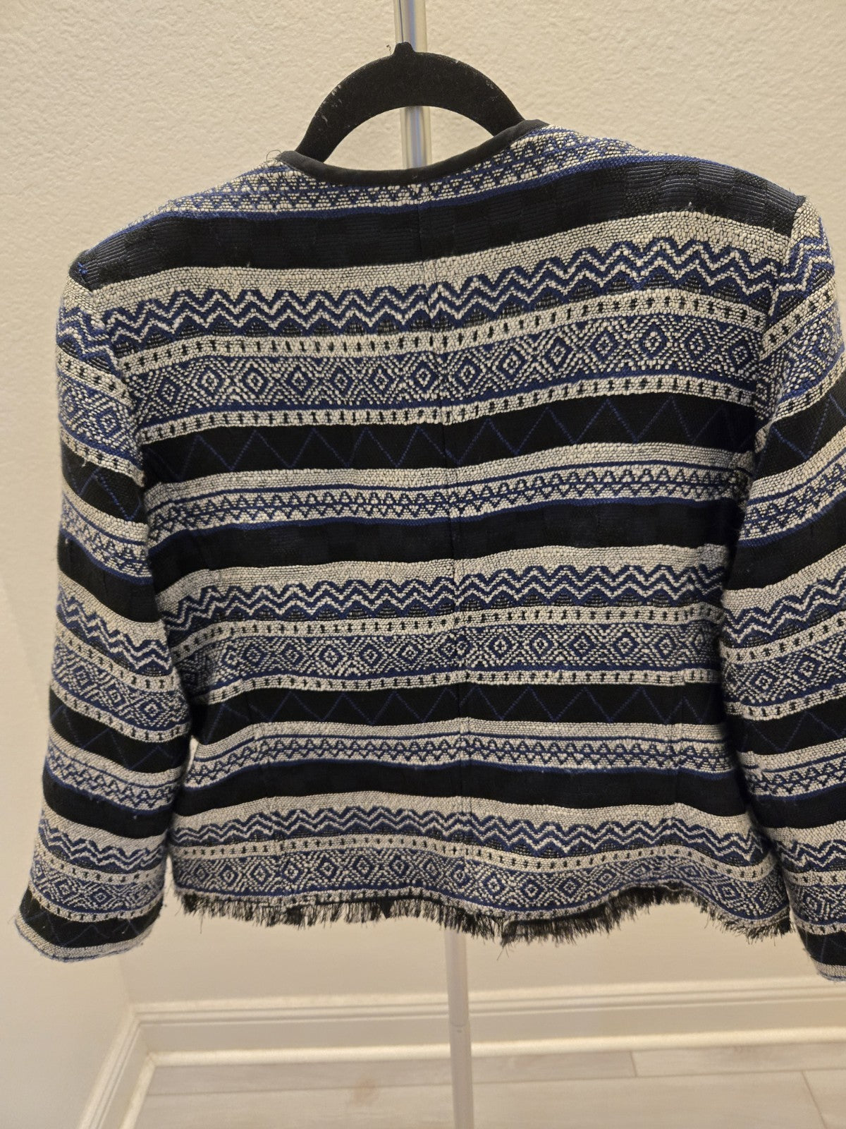 Loft Size 12 Blue White Geometric Woven Tweed Zip Jacket Fringe Trim Women's