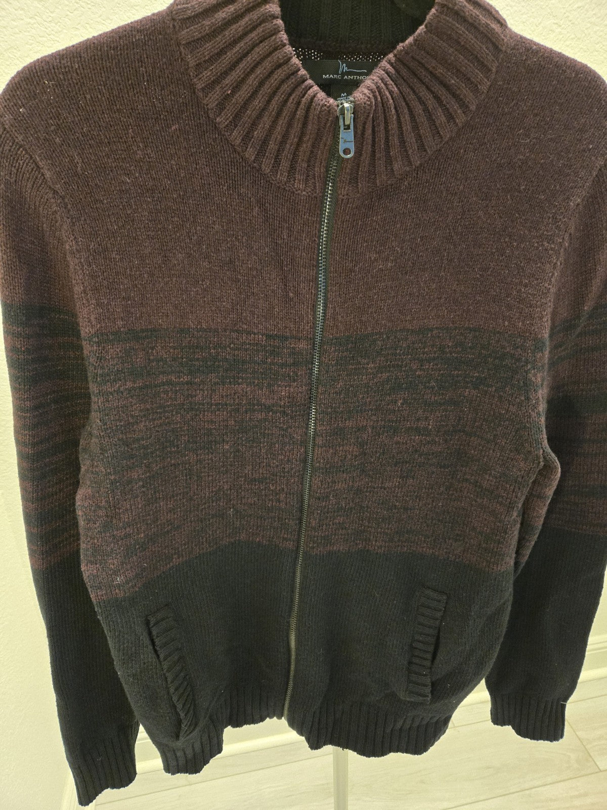 Marc Anthony Full Zip Mock Neck Block Burgundy Black Cardigan NWOT M Men's