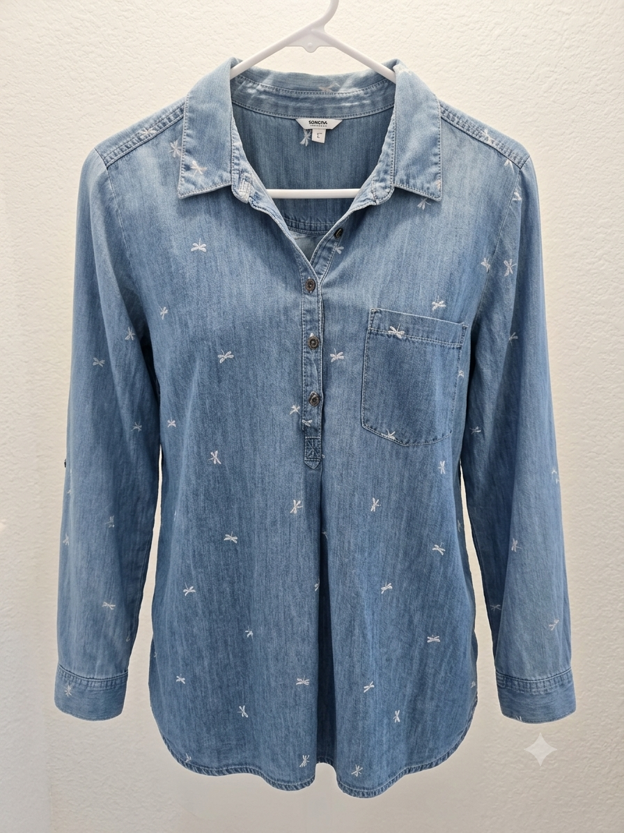 Jane + Delancey light wash blue denim chambray button down shirt with white dragonfly print