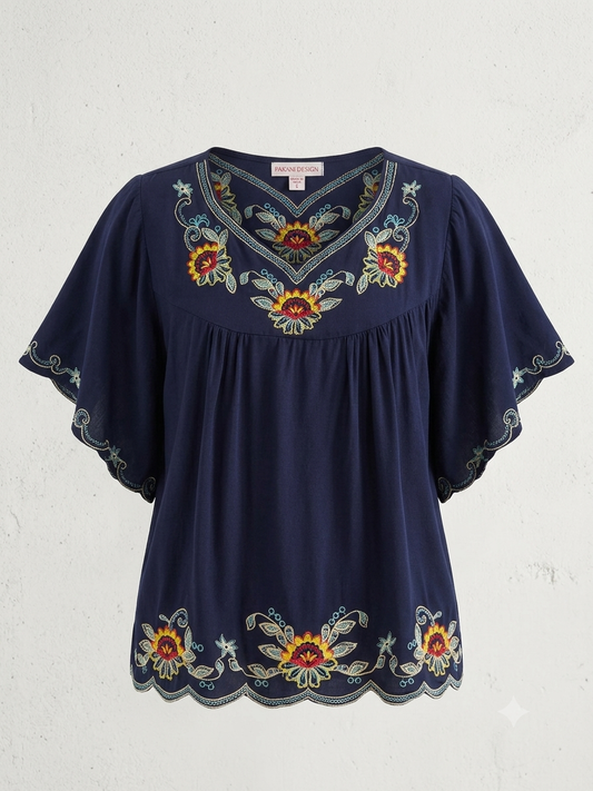 Parami Design Floral Embroidered Peasant Blouse - Navy - 1X