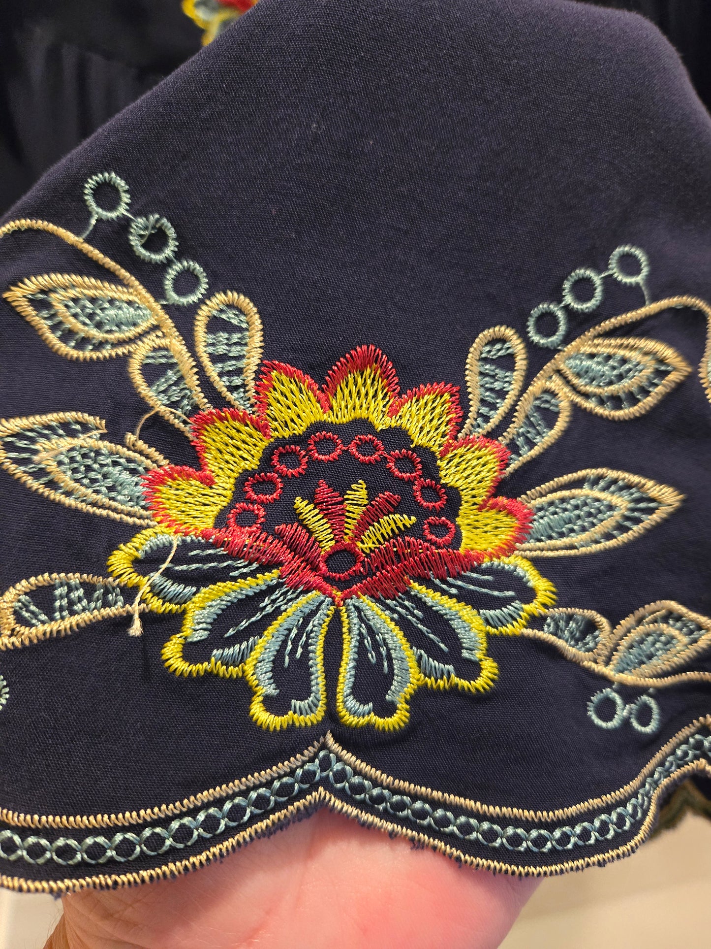 Parami Design Floral Embroidered Peasant Blouse - Navy - 1X