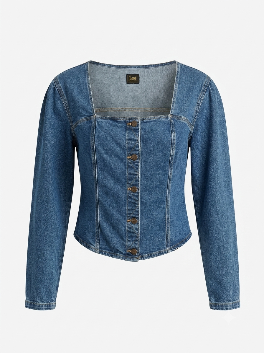 Vintage Lee medium wash denim sweetheart neckline button front top with corset seams on hanger