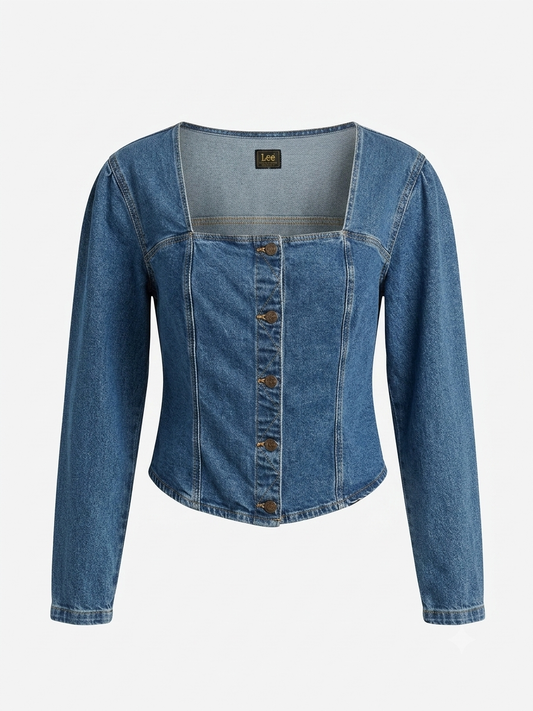 Vintage Lee medium wash denim sweetheart neckline button front top with corset seams on hanger