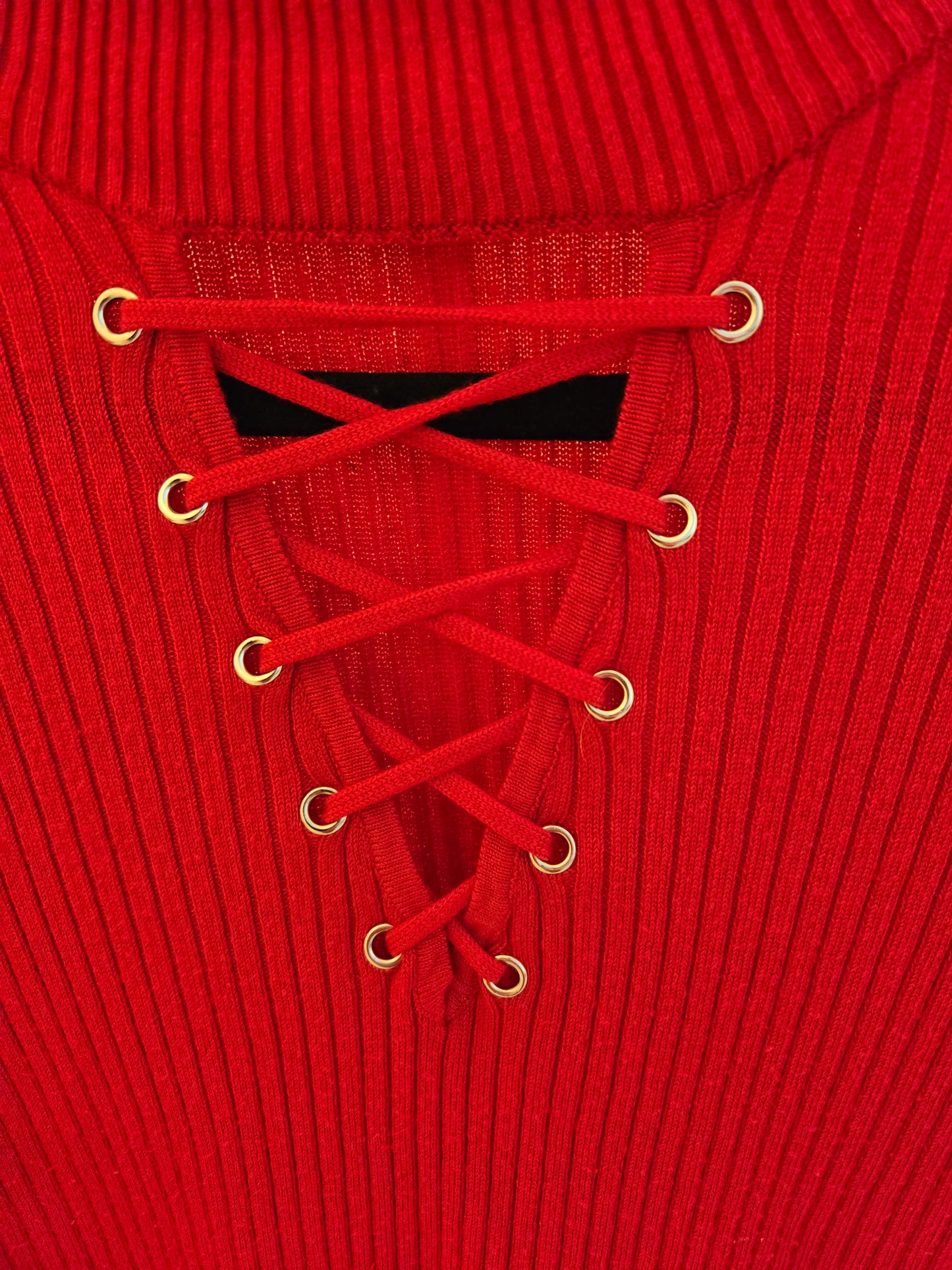 Derek Heart Lace Up Ribbed Sweater - Red - XL