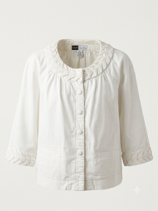 Simply Chloe Dao white button front jacket with origami pleated collar trim and 3/4 sleeves