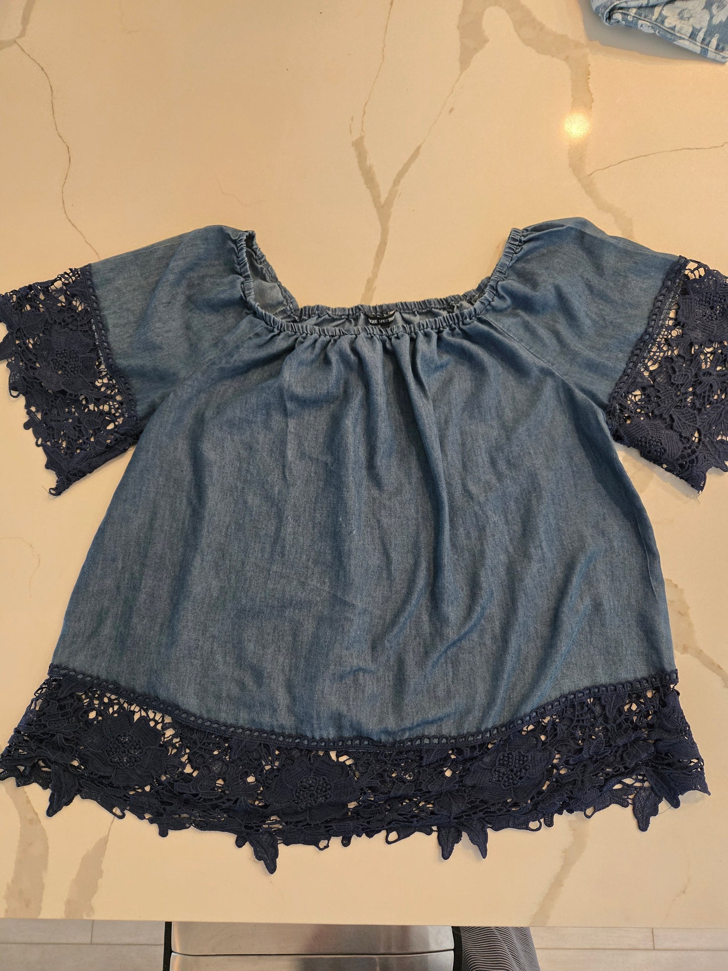 Unique Spectrum Lace Trim Denim Blouse - Medium Wash - 1X
