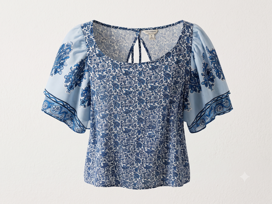 Lucky Brand Paisley Flutter Sleeve Blouse - Blue - M