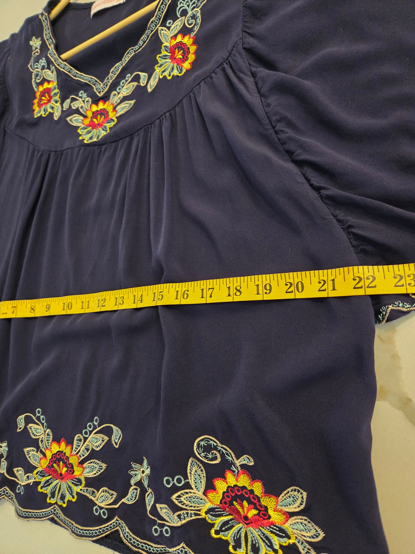 Parami Design Floral Embroidered Peasant Blouse - Navy - 1X