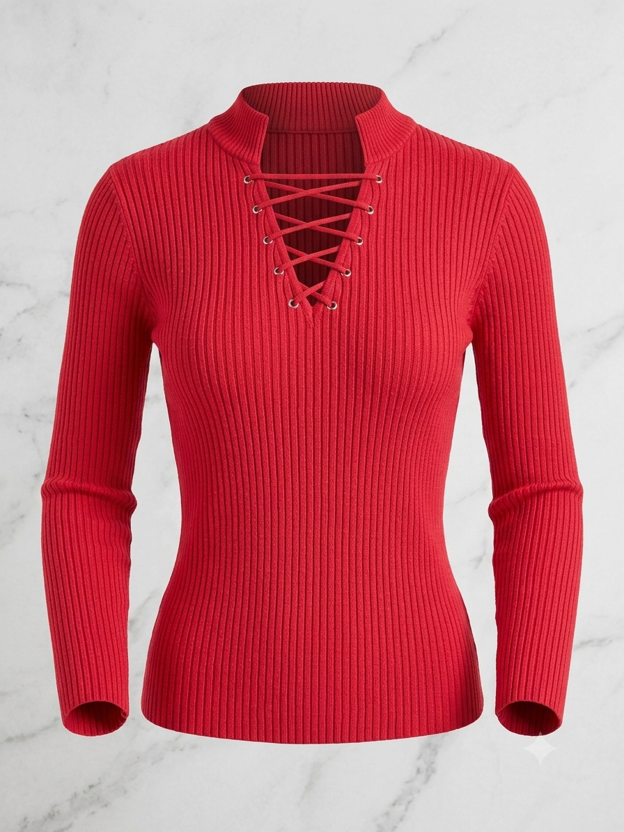 Derek Heart red ribbed knit mock neck sweater with lace up grommet front size XL