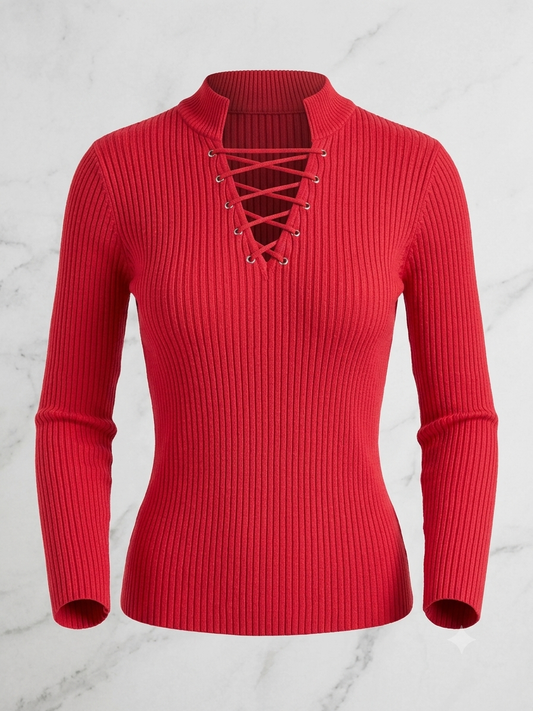 Derek Heart red ribbed knit mock neck sweater with lace up grommet front size XL