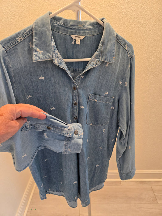 Sonoma Dragonfly Print Chambray Shirt - Light Blue - L
