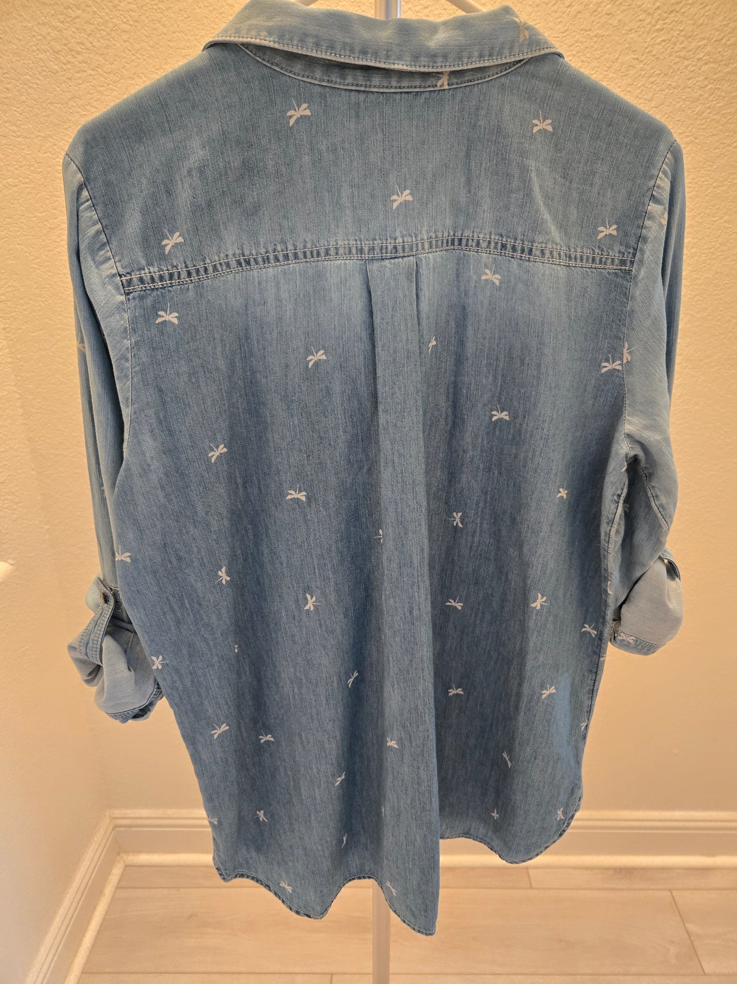 Sonoma Dragonfly Print Chambray Shirt - Light Blue - L